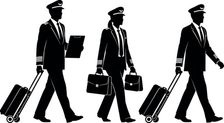 Airline pilots walking with luggage in uniform silhouette vector illustration for aviation, travel, transportation, crew, airport, and professional themes © Natasha Laura 