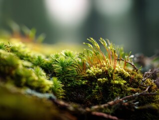 Lush green moss with delicate sprouts growing among twigs in a forest area, bathed in soft natural light. The scene suggests a rich and vibrant ecosystem with intricate textures