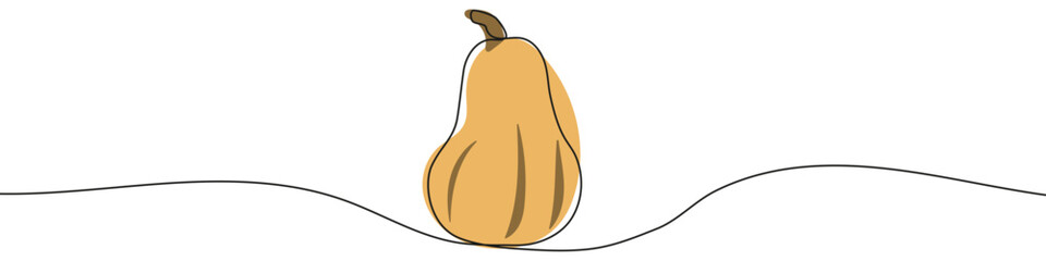 Butternut squash in one line art style. Butternut squash drawing with editable black stroke and color on white background. Vector illustration.