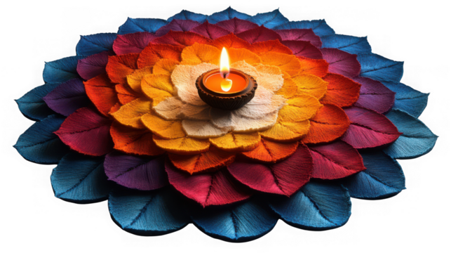 A lit diya lamp placed in the center of a colorful rangoli made of petals, isolated on transparent background