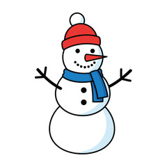 A cheerful cartoon snowman wearing a red hat and blue scarf isolated on white background