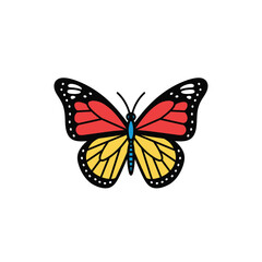 A vibrant monarch butterfly with red and yellow wings and black outlines isolated on white background