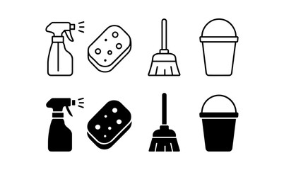 Essential cleaning tools icons set in simple black and white design