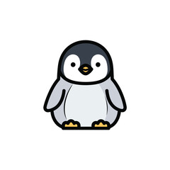 Adorable cartoon penguin character with cute eyes and orange feet isolated on white background