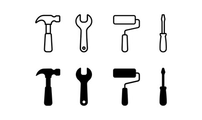 Simple tool icons set in black and white outlined and filled versions