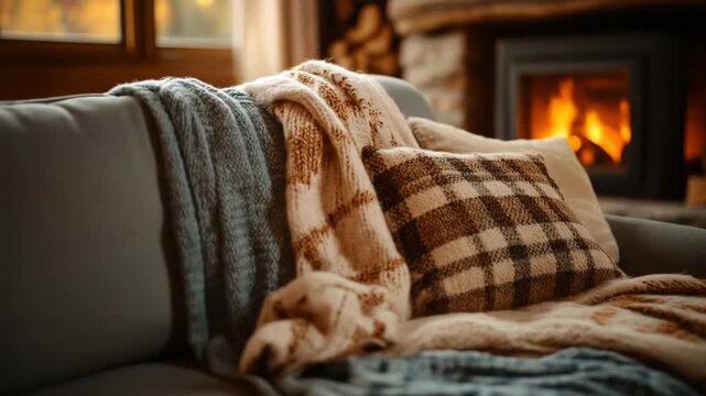 Cozy throws and pillows on a couch, near a warm fireplace