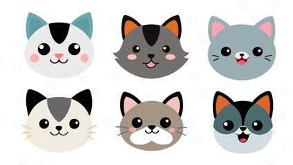 A set of cute cartoon cat faces. A collection of funny kitten emojis.