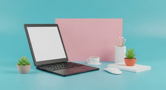 Laptop workspace minimalist mockup scene - Powered by Adobe