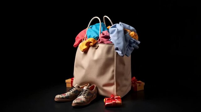 Vibrant shopping bag overflowing with colorful apparel, stylish patterned shoes, and festive gift boxes, suggesting a perfect retail therapy or holiday shopping spree experience.