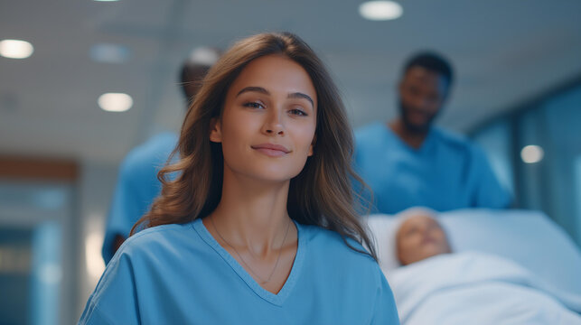 Mother walking slowly in a hospital corridor or softly moving around a home birth room with partner support illustrating gentle movement comfort techniques and teamwork during - Powered by Adobe