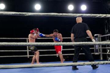 Fierce boxing match showcases athletes' power and skill.