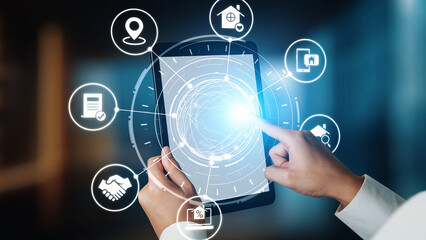 Online property search icons showing real estate rent, sale, housing, location, property management, key, contract, mortgage, home loan, and housing market. Gist