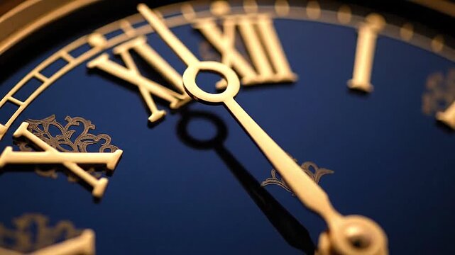 Intricate clock face with golden Roman numerals detailed