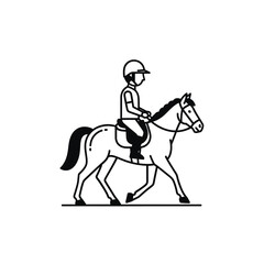 Stylized line art depiction of a person riding a horse in motion isolated on white background