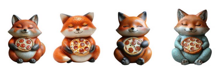 Four cute cartoon fox figurines holding pizza slices, isolated on transparent background