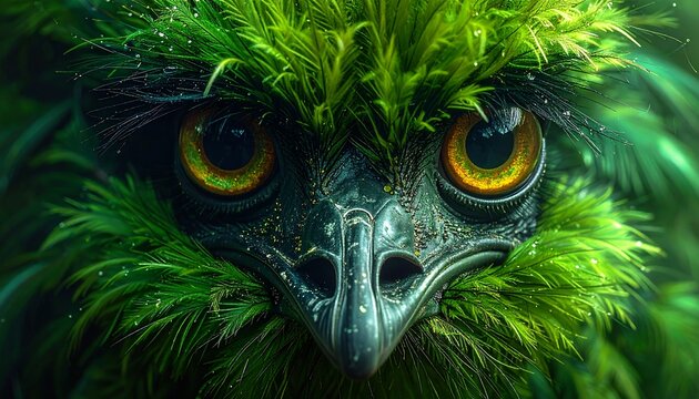 A close-up of a vibrant, green bird-like creature's face, with piercing orange eyes and feathered details, set against an out-of-focus background