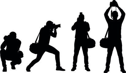 Photographer silhouette in dynamic camera poses with shoulder bag, capturing moments in action, squatting, lunging, standing, overhead shot angles