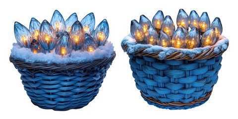 Two blue woven baskets filled with glowing blue christmas lights and faux snow, isolated on transparent background