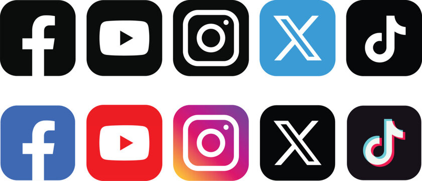 Social Media Icon Set &ndash; Facebook, YouTube, X (Twitter), Instagram, TikTok &ndash; Black and Color Versions