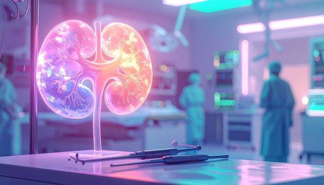 Futuristic Medical Technology with Holographic Kidneys in a High-Tech Operating Room.