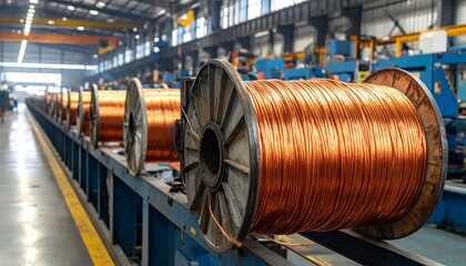 A long line of copper wire spools sits on a production line in a factory, ready for processing and distribution. The scene is well-lit