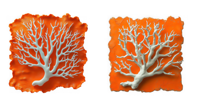 Two white coral branches on a bright orange textured background isolated on transparent background - Powered by Adobe