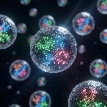 3D render of nanospheres or liposomes containing glowing molecular networks floating in a fluid environment. Concept for nanomedicine, targeted drug delivery, or cell therapy.