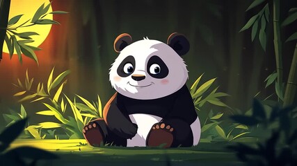 Cute panda sits in a bamboo forest