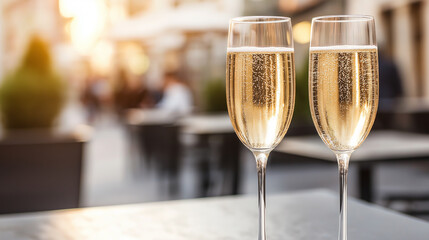 Champagne glasses with bubbles for a celebration toast with elegant sparkling drink