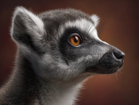 Profile view of a lemur with intense amber eyes, distinct black and white facial markings, and soft fur details. Its gaze appears focused and alert, creating a captivating portrait