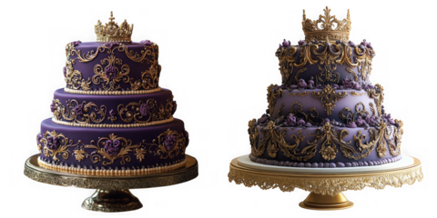 Two ornate purple tiered cakes with gold crowns and intricate details, isolated on transparent background