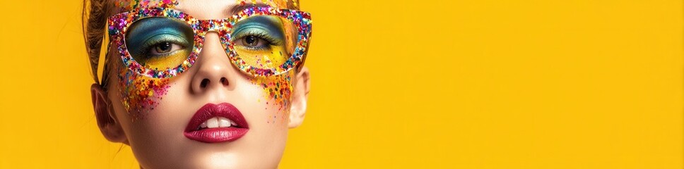 beautiful woman wearing colorful glitter sunglasses