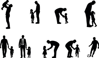 Silhouette of Adults Interacting with Children in Various Poses Showing Parenting, Care, Communication, Education, Family Bonding, and Playful Moments
