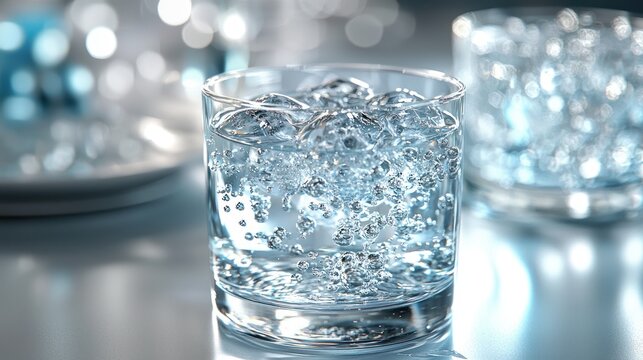 Sparkling water glass, bubbles, ice, table, bokeh, refreshment, advertisement