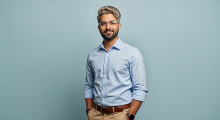 Obraz premium Man with glasses, beard, and stylish hair, hands in pockets