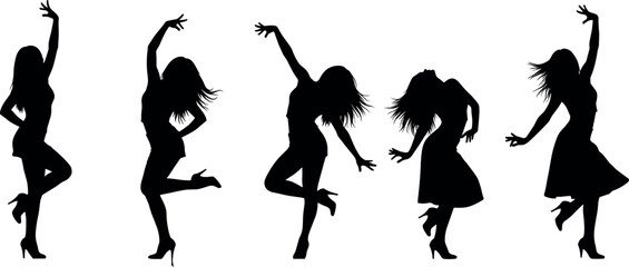 Silhouette of stylish women dancing in dynamic poses, high heels and flowing hair, isolated on white background for creative design