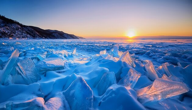 Beautiful Winter Landscape Of Frozen Lake Baikal At Sunrise Snowy Ice Hummocks With Transparent Blue Piles Of Ice Baikal Lake Siberia