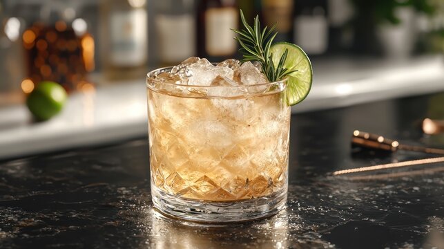 Rosemary-lime cocktail on bar, ice, drinks background