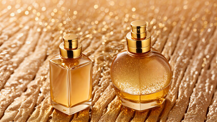 Golden perfume bottles on sparkling surface