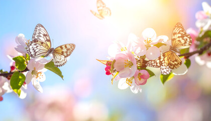 Cherry blossoms in full bloom with butterflies fluttering under a bright blue sky, capturing the warmth, renewal, and harmony of spring.