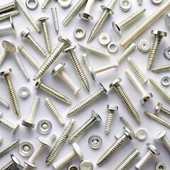 Assortment of Metal Screws and Fasteners on White Background Keywords: screw, fastener, hardware, metal, bolt, nut, washer, threaded, industrial