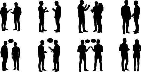 Silhouette people talking in pairs, communication concept, body language, speech bubbles, teamwork, interaction, dialogue, social behavior, vector illustration