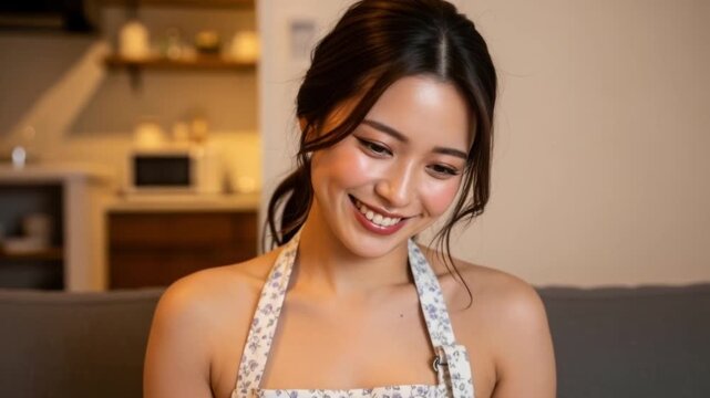 夜のリビングでソファに座り、はにかむように微笑むエプロン姿の若妻