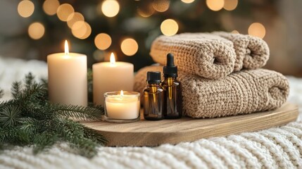 Cozy Winter Spa Candles, oils, towels, Christmas lights