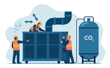 Industrial carbon capture system installation with workers engineering equipment for environmental protection isolated on white background