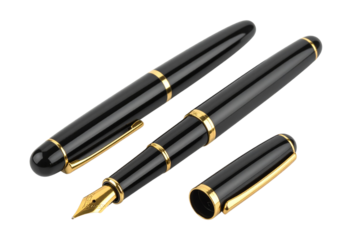 Elegant black fountain pens with gold accents isolated on transparent background