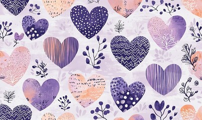 Watercolor hearts and floral pattern