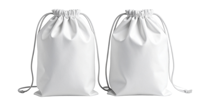 Two white drawstring bags isolated on transparent background