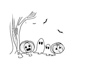 Background halloween cartoon style cute face, pumpkin ghosts  
