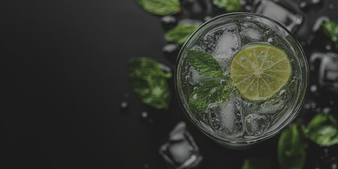 Refreshing mint and lime beverage served over ice with fresh ingredients on a dark background - Low Contrast